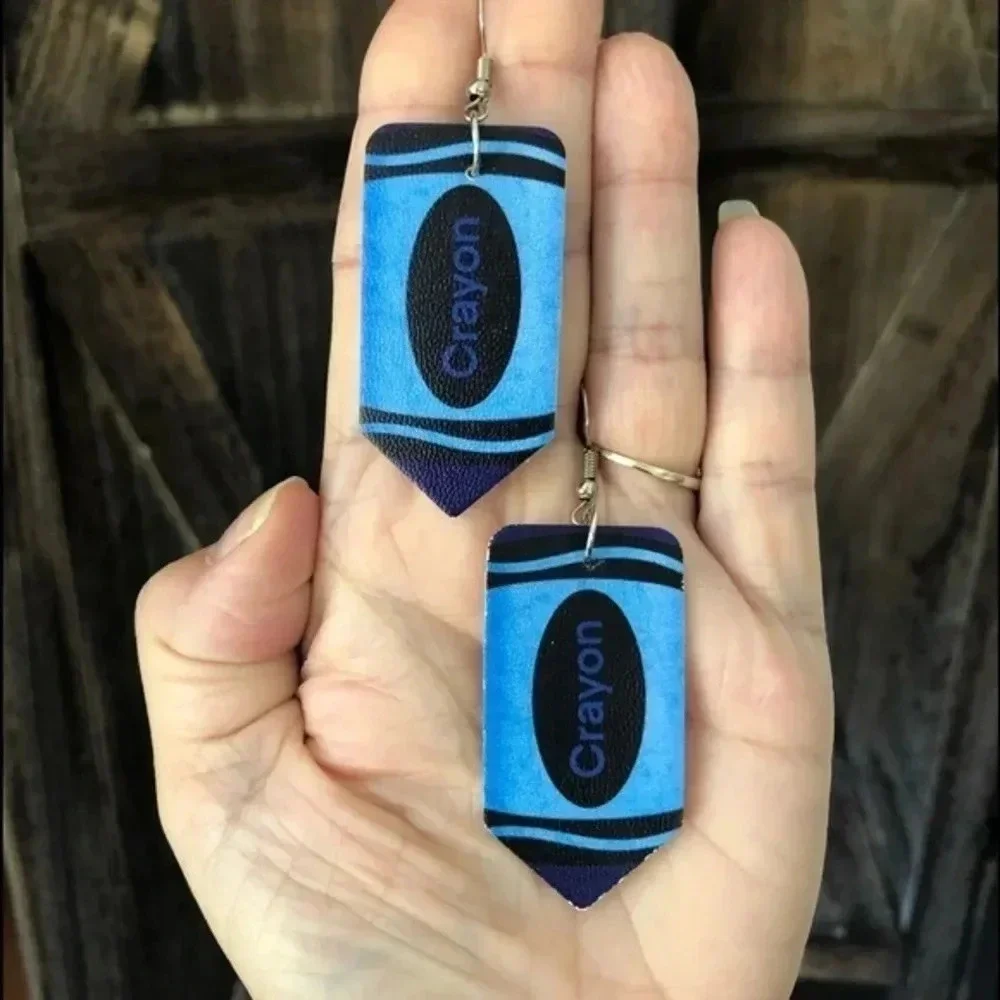 Blue Crayon Teacher School Faux Leather Die-Cut Drop Earrings NWT